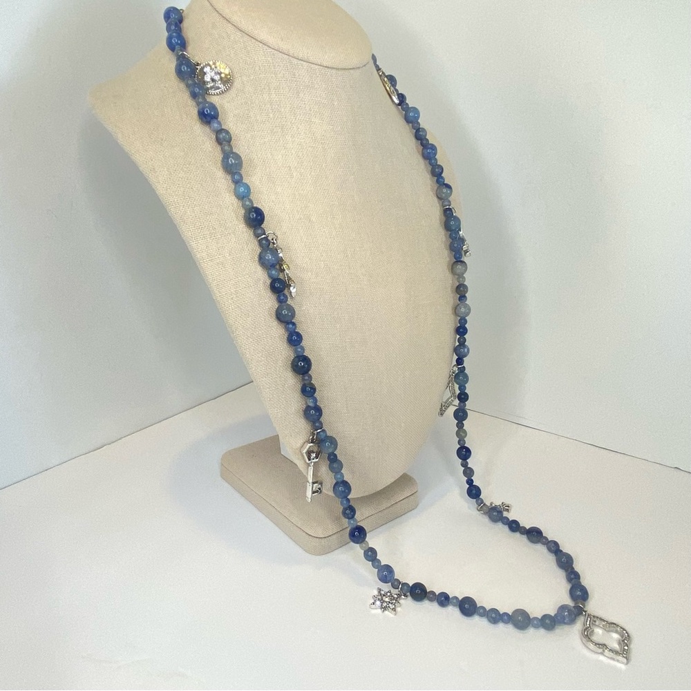 WHBM Blue Necklace Aventurine Stone Beaded Rhinestone Key Charm Long - Picture 5 of 14